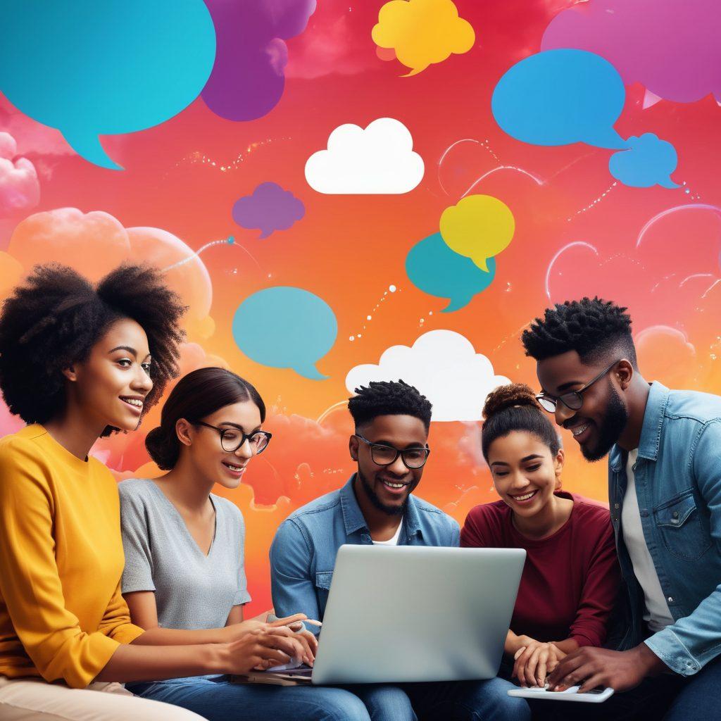 A dynamic scene showcasing a diverse group of individuals engaging in creative digital storytelling using laptops and tablets, with vibrant visual elements like colorful speech bubbles and animated graphics surrounding them, symbolizing imagination and creativity. The background features abstract cloud patterns to represent the online digital space, with a harmonious blend of warm and cool colors. super-realistic. vibrant colors. 3D.