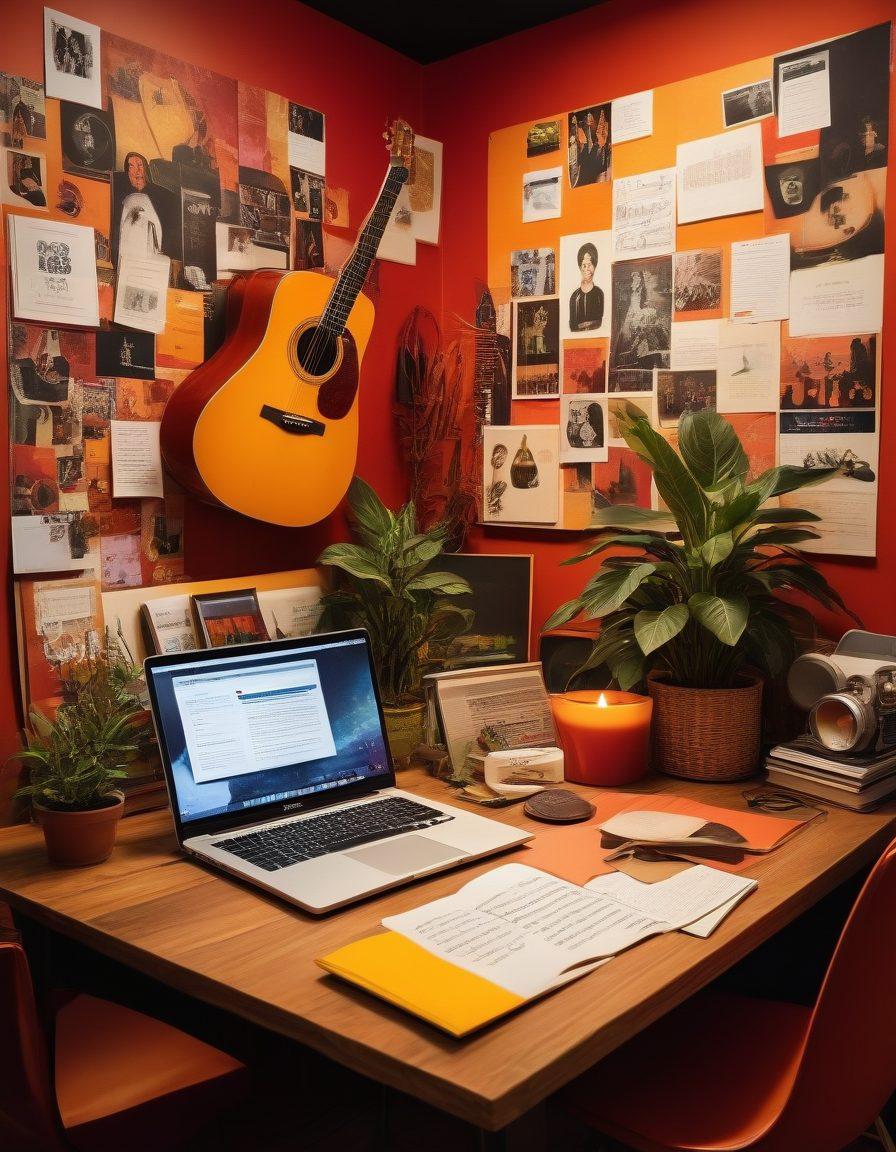 A vibrant collage showcasing a vintage rock concert scene on one side, merging into a cozy, modern blogging workspace on the other. Include a guitar and a laptop with a blog open, surrounded by lively musical notes and digital icons symbolizing creativity. Use warm colors to evoke passion and inspiration, blending seamlessly between the two worlds. futuristic style. vibrant colors.
