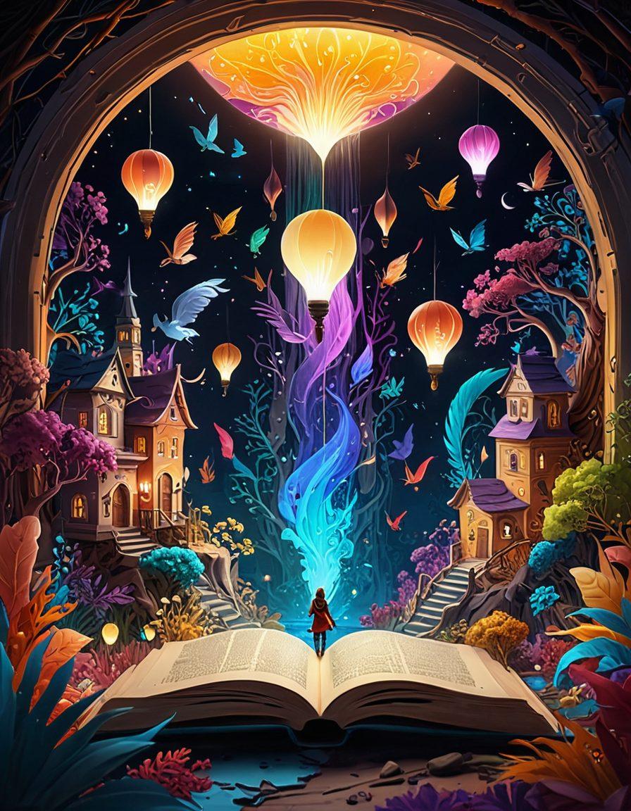 A whimsical digital landscape featuring an open book with vibrant swirling colors emanating from its pages, symbolizing the flow of creativity. Include diverse characters, like a writer, artist, and storyteller, exploring a fantastical world filled with imagination. Incorporate elements like flying quills, glowing light bulbs, and abstract shapes to enhance the theme of storytelling. dynamic, colorful, fantasy art. 3D elements.
